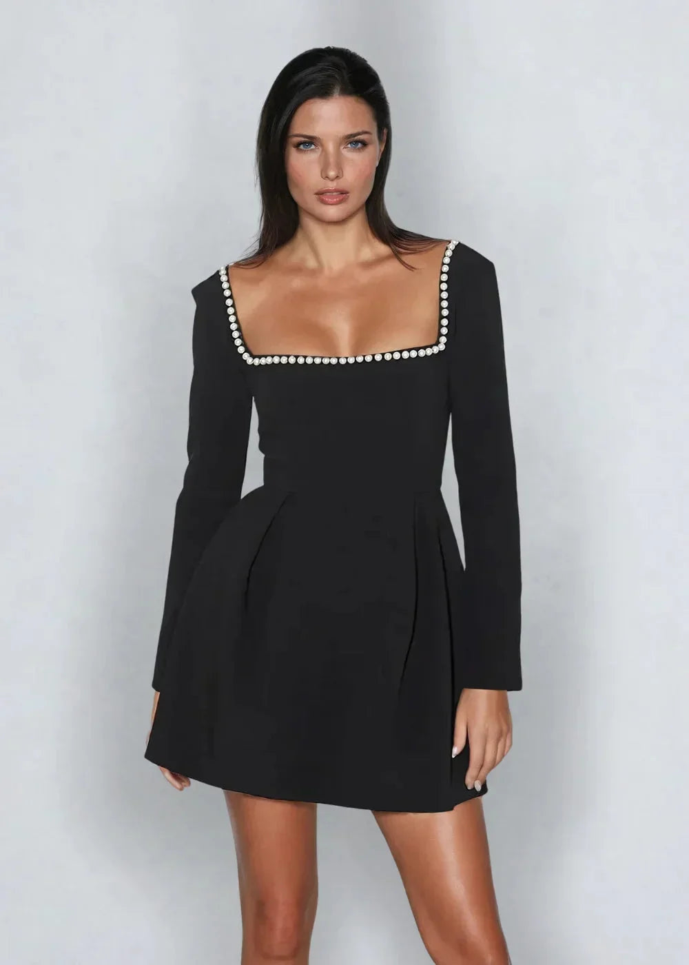 square neckline bead embellished ruched mini dress SEQUIN SQUARE NECK RUCHED MINI DRESS