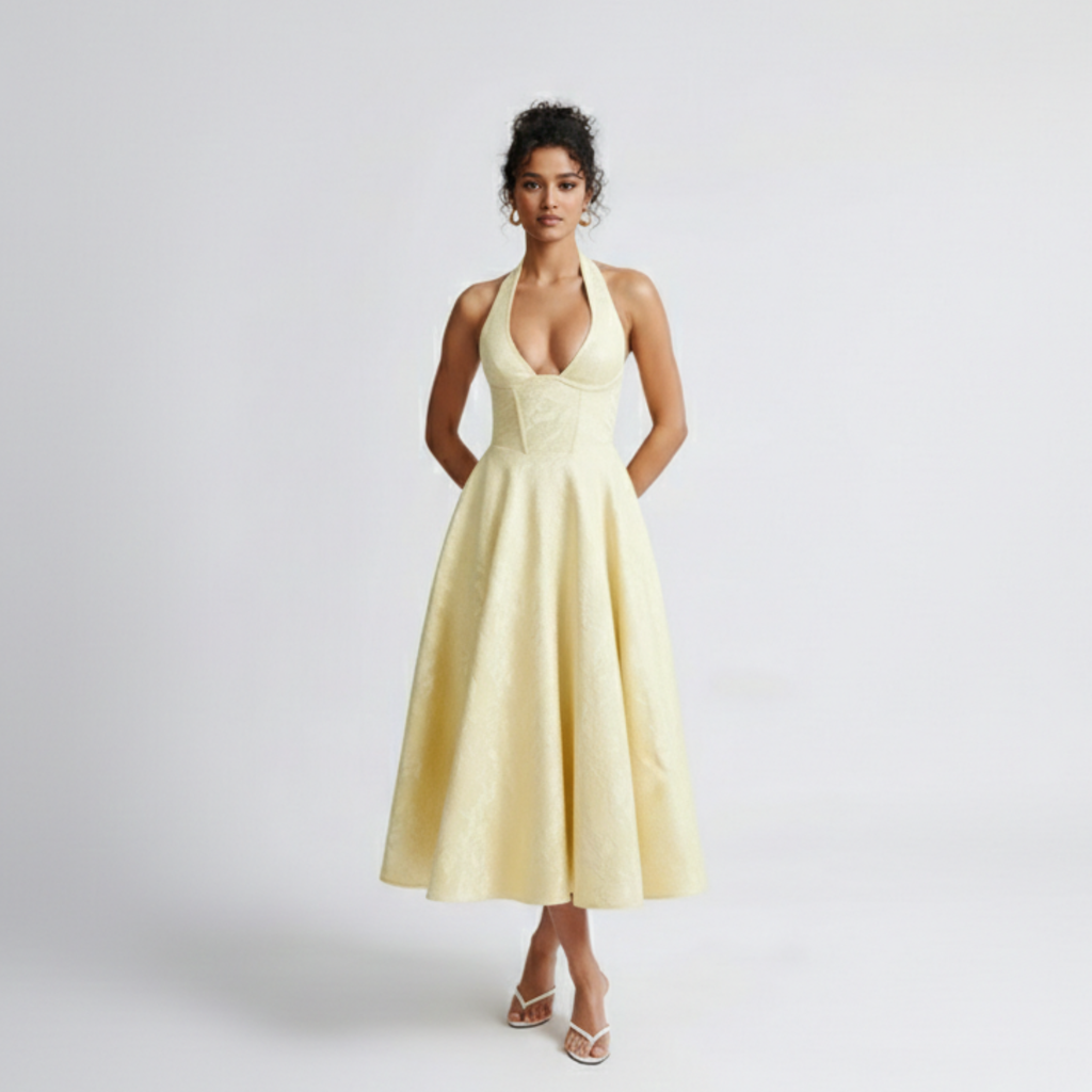 Hellgelbes Neckholder-Midikleid mit tiefem V-Ausschnitt