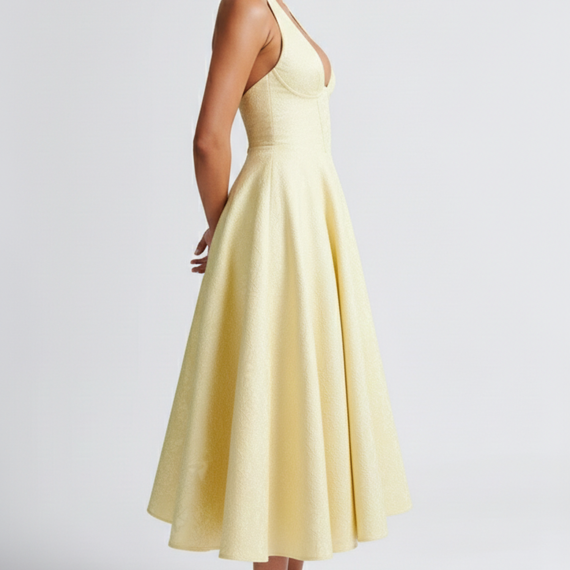 Hellgelbes Neckholder-Midikleid mit tiefem V-Ausschnitt