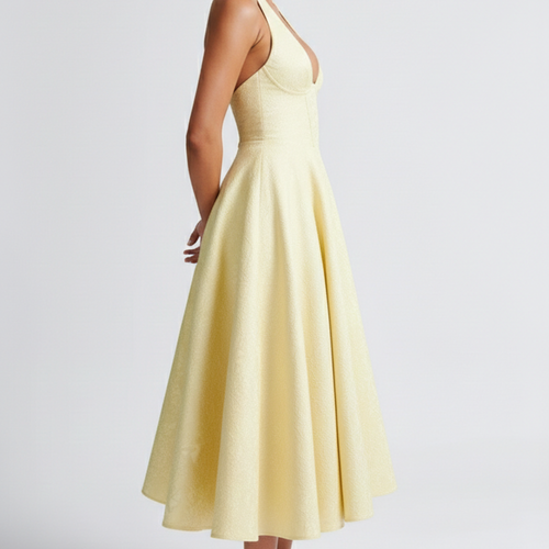Hellgelbes Neckholder-Midikleid mit tiefem V-Ausschnitt