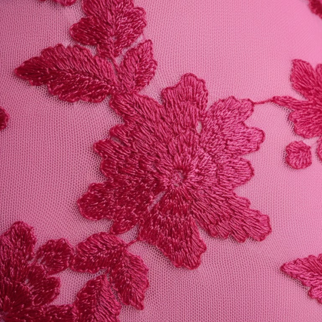 Rosa Minikleid mit langen Ärmeln und Blumenstickerei