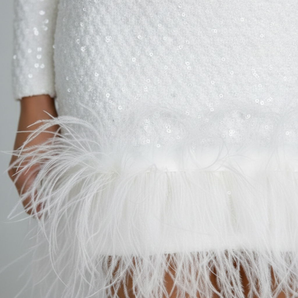 Weißes Minikleid mit langen Ärmeln und Federbesatz am Saum