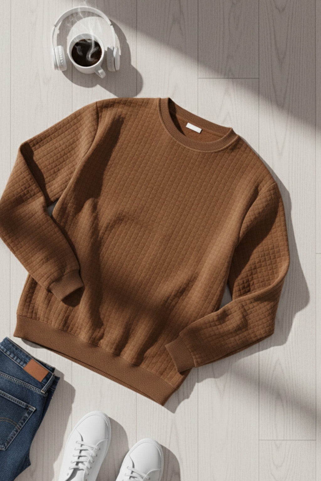 Stepppullover mit Rippdetails | Matteo – Kaffeebraun