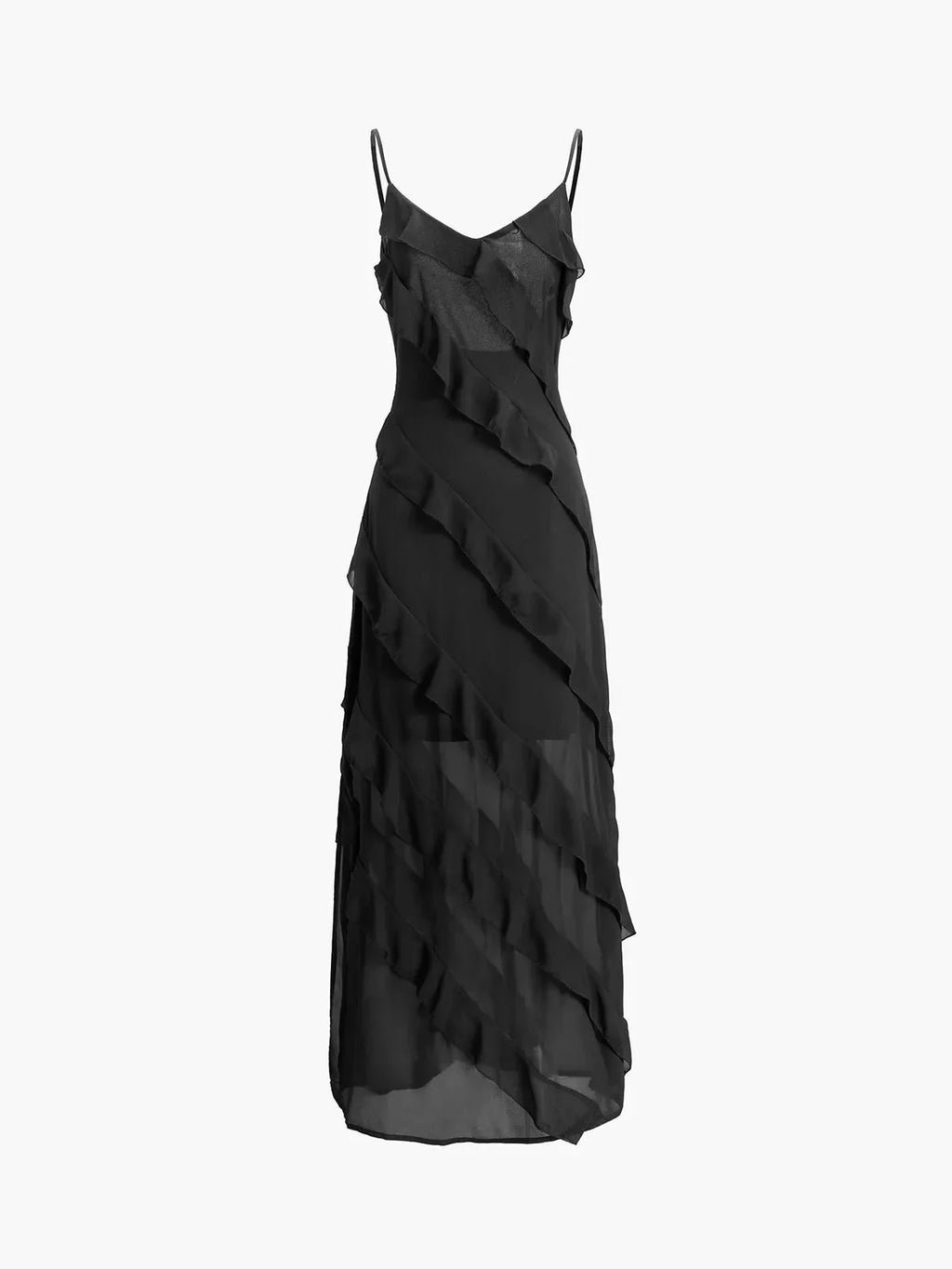 Women’s asymmetrical ruffle maxi dress in soft fabric, featuring spaghetti straps and layered ruffle detailing for a unique…
