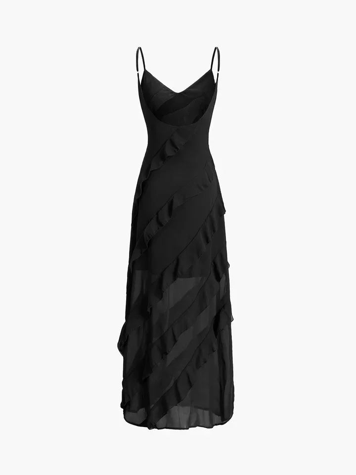 Women’s asymmetrical ruffle maxi dress with spaghetti straps, crafted from lightweight fabric, perfect for warm weather…