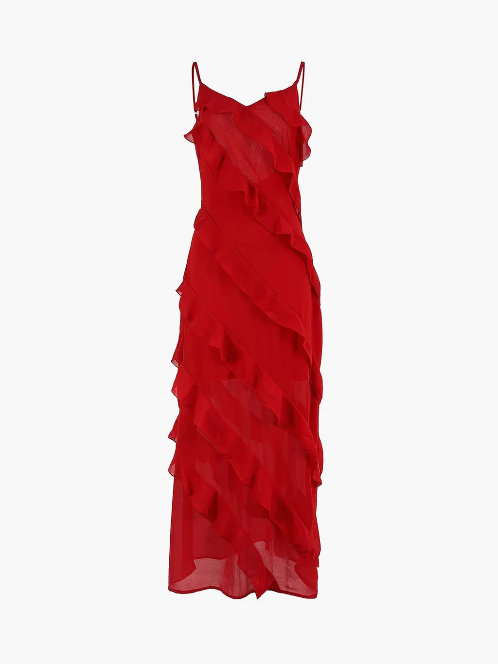 Women's asymmetrical ruffle maxi dress featuring lightweight fabric and adjustable spaghetti straps for a flowy silhouette.