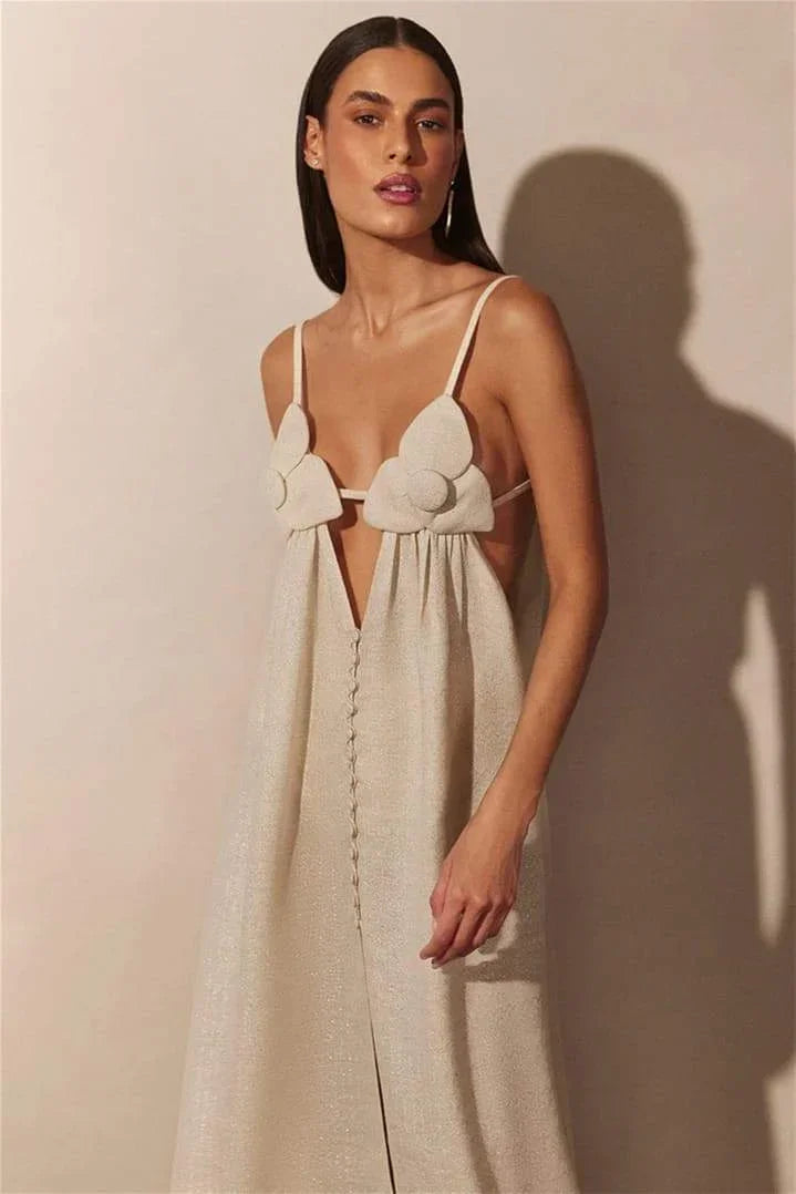 Women's beige maxi dress with floral accents and front slit – Bahnhof