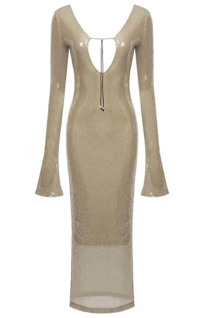 Women’s beige sequined maxi dress with long sleeves, deep v-neck, and shimmering fabric perfect for evening events.