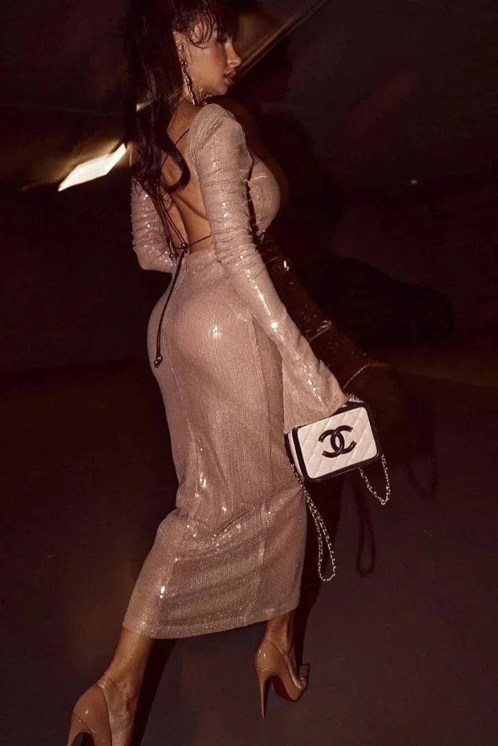 Women’s beige maxi dress featuring long sleeves, deep v-neck, and intricate sequined detailing for a stylish look.