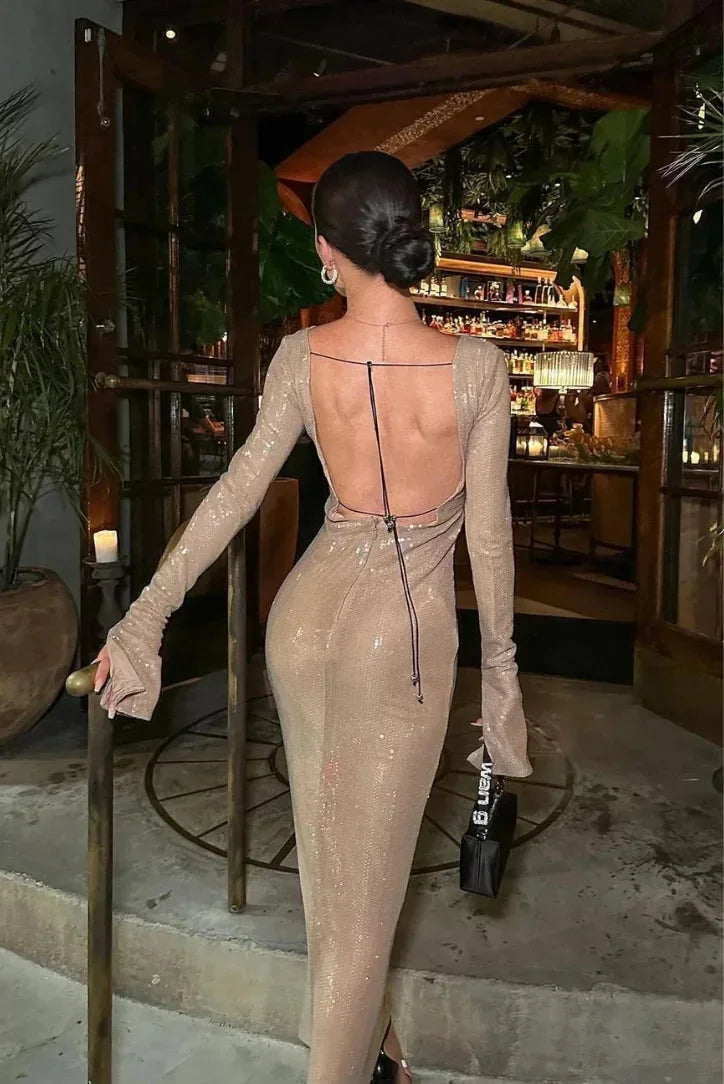 Women’s beige sequined maxi dress featuring long sleeves, a deep v-neck, and elegant all-over sequin embellishments.