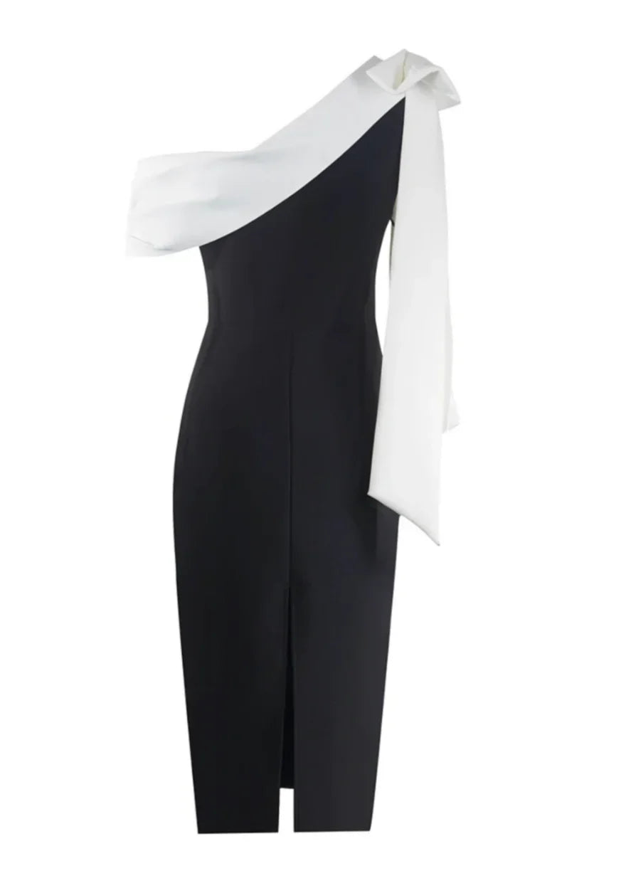 Women's black and white one-shoulder midi dress with bow accent