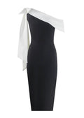 Women's black and white one-shoulder midi dress featuring a bow accent, made from soft, breathable fabric for comfort.