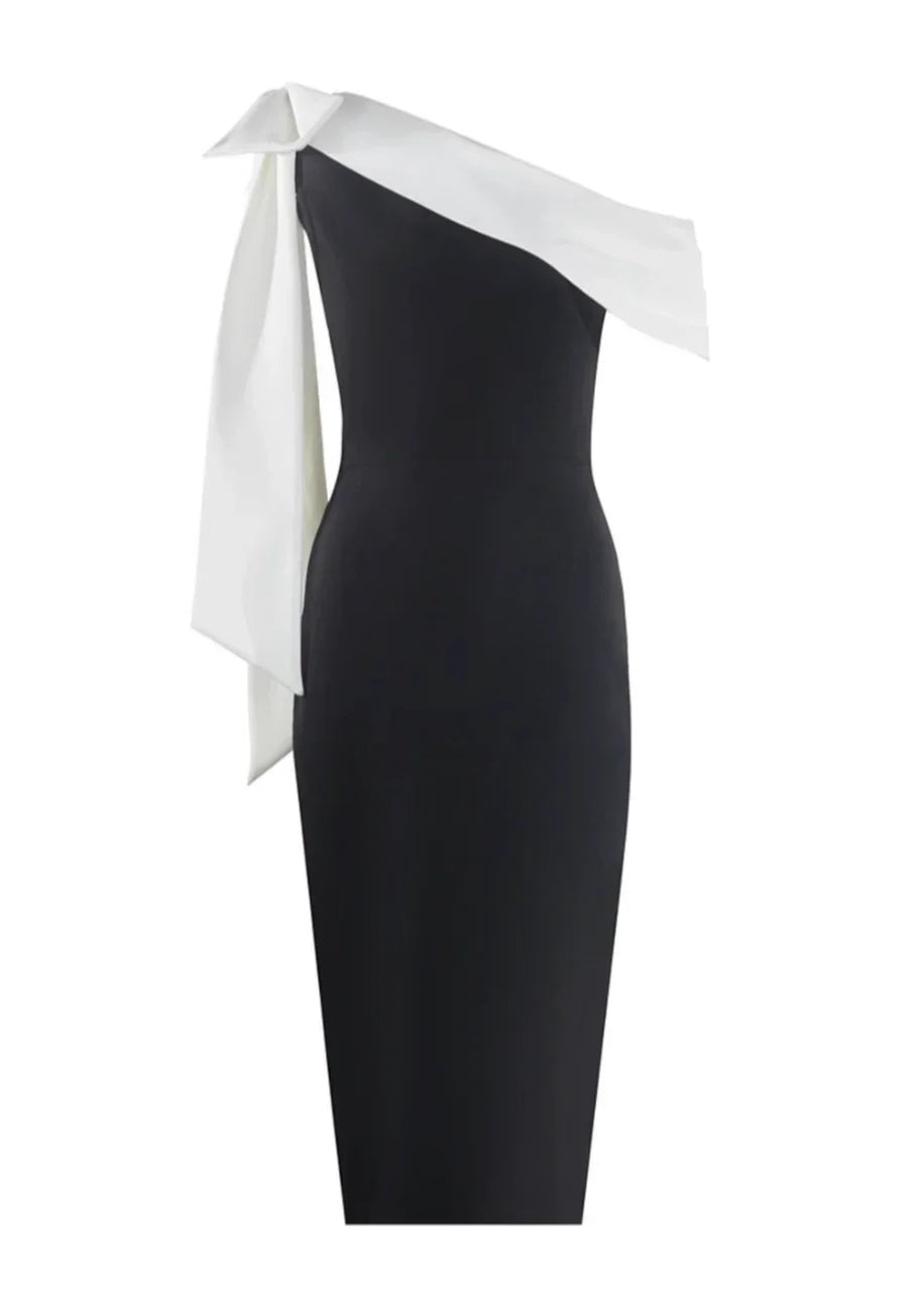 Women's black and white one-shoulder midi dress with bow accent