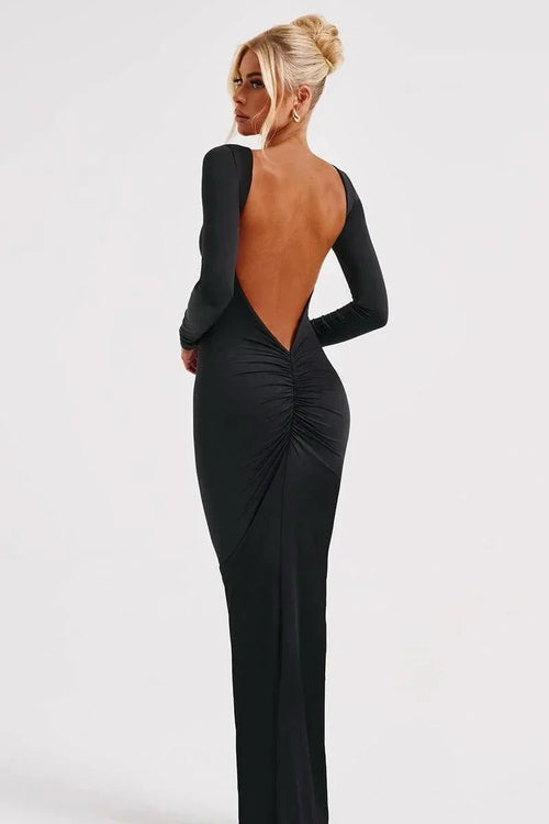 Women’s black bodycon maxi dress featuring long sleeves, open back design, soft stretch fabric for a comfortable fit.