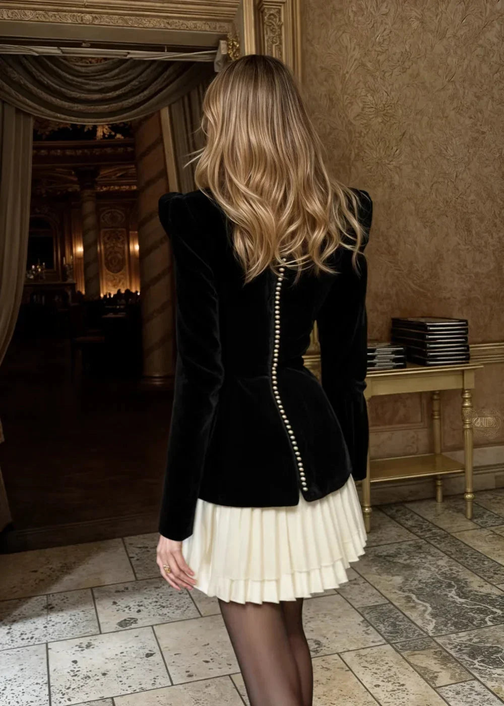 Women’s black mini dress with a contrast bodice, pleated skirt, and breathable fabric for comfort and style.