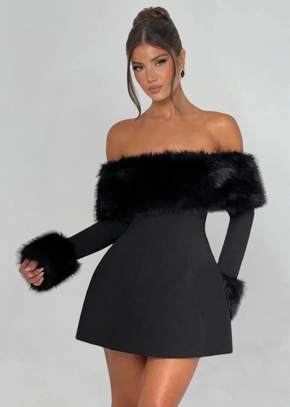 Women's black off-shoulder mini dress featuring fur details and a fitted silhouette, perfect for stylish casual outings.