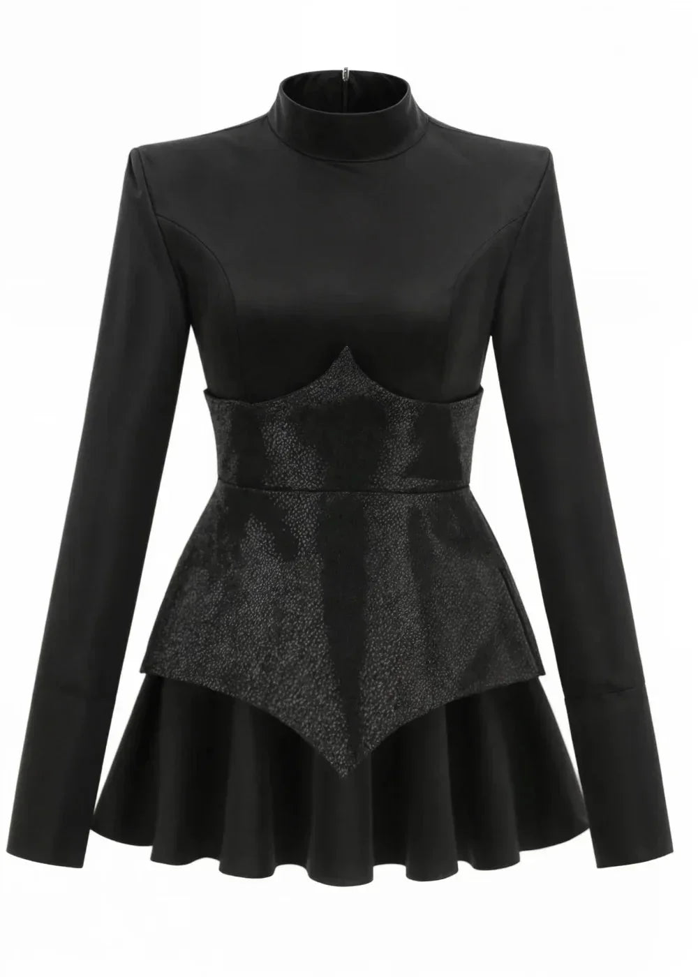 Women's black sequin peplum mini dress with long sleeves, featuring a fitted silhouette and sparkling sequin detailing.