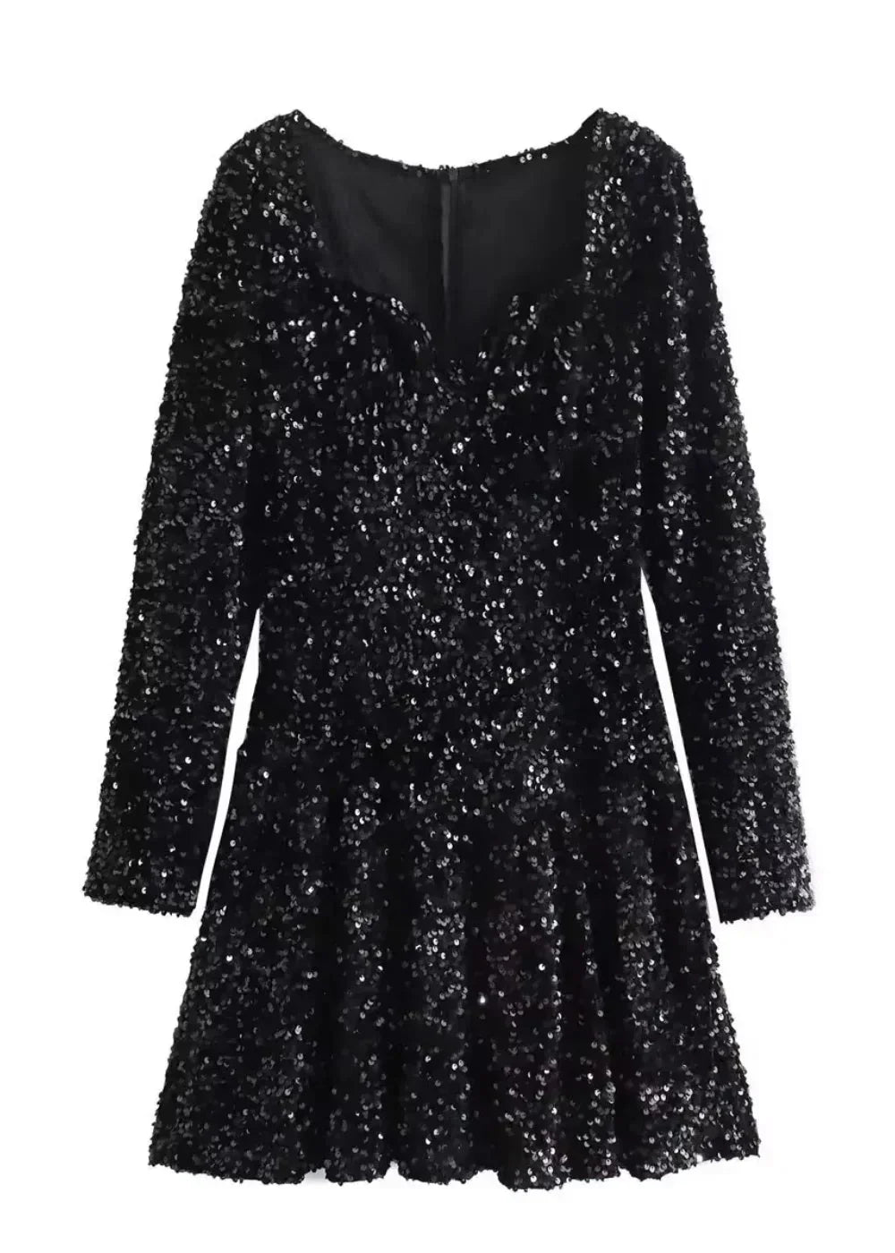 Women’s black sequined mini dress featuring a sweetheart neckline, long sleeves, and fitted silhouette for a stylish evening…