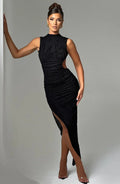 Women's black sleeveless maxi dress featuring a textured fabric and side cut-out for a stylish, comfortable fit.
