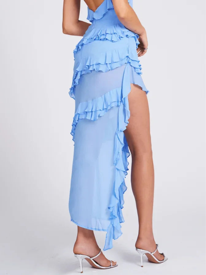 Women’s blue asymmetrical maxi dress featuring layered ruffles and lightweight fabric for a flowy silhouette.