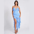 Women’s blue asymmetrical maxi dress featuring layered ruffles and lightweight fabric for a breezy, stylish look.