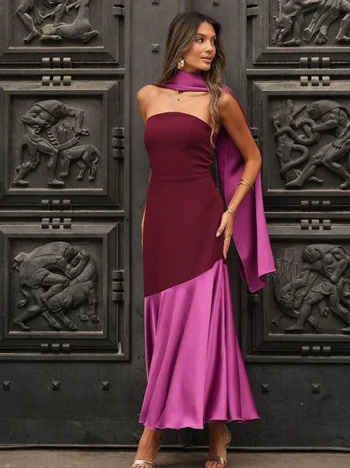 Women’s burgundy and pink strapless asymmetric midi dress made from soft fabric, complemented by a matching shawl.