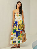 Multicolor women's midi dress with cami straps, featuring a vibrant printed design and lightweight, breathable fabric.