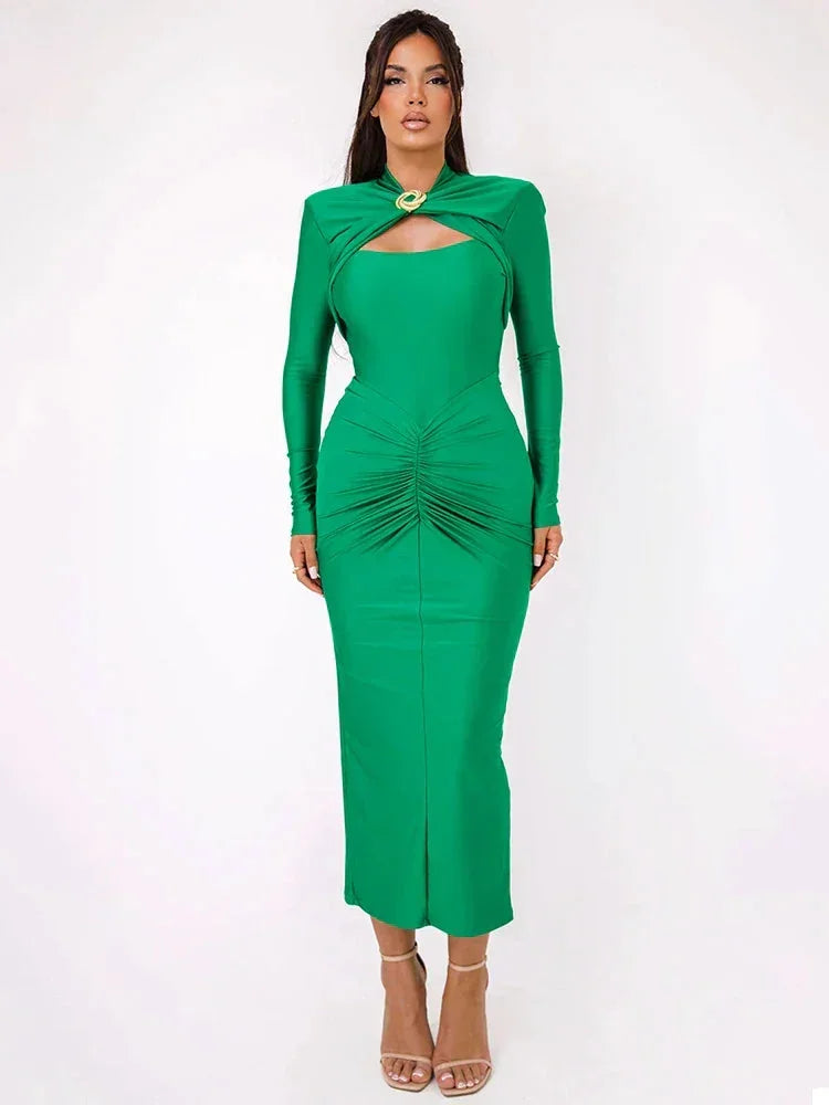 Green women's fitted maxi dress featuring cut-out details and metal accents, made from soft, breathable fabric for comfort.
