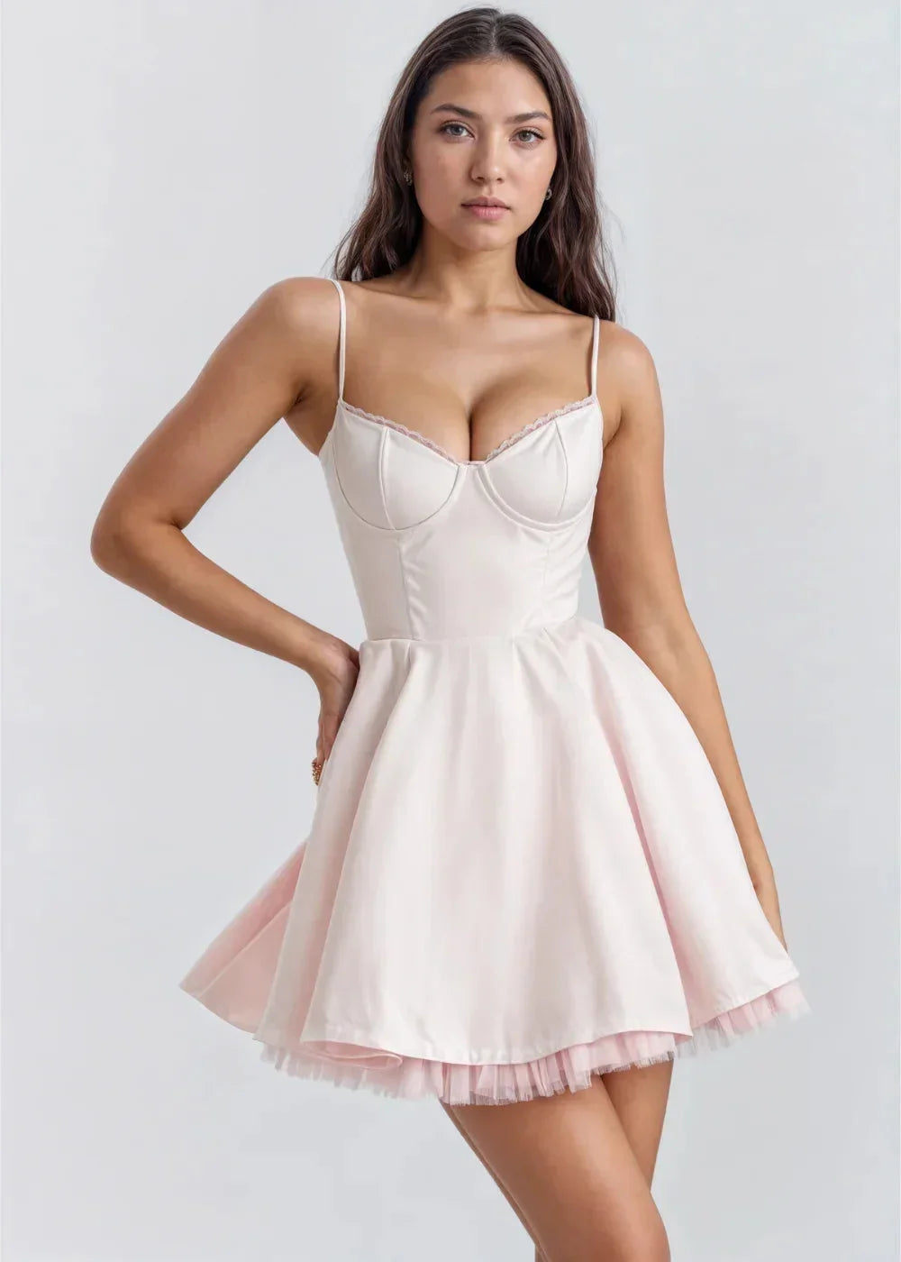 Women’s flared mini dress featuring a fitted bodice, delicate straps, and lightweight fabric for a comfortable summer look.