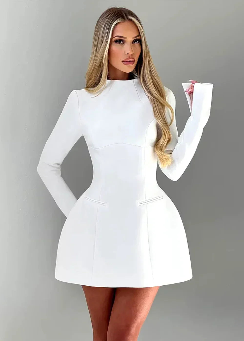 Women’s flared mini dress, long sleeves, open back design, made of lightweight fabric for a comfortable fit and stylish look.