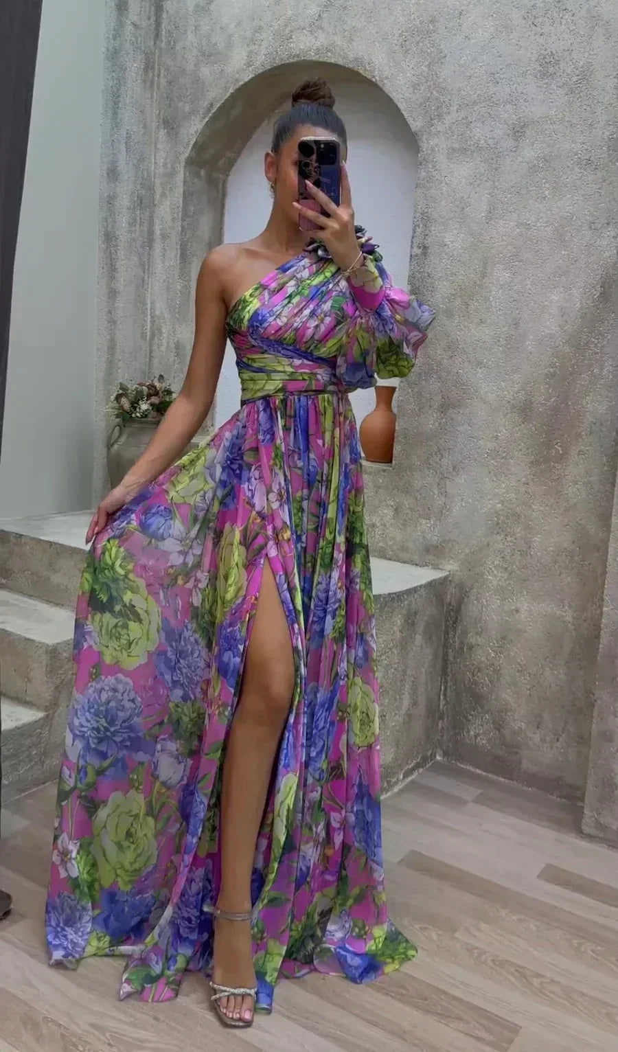 Purple women's floral one-shoulder maxi dress, featuring a flowing design and lightweight fabric, perfect for summer outings.