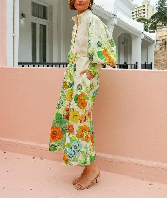 Women's midi shirt dress in soft cotton with floral puffy sleeves and a relaxed fit, perfect for casual outings.