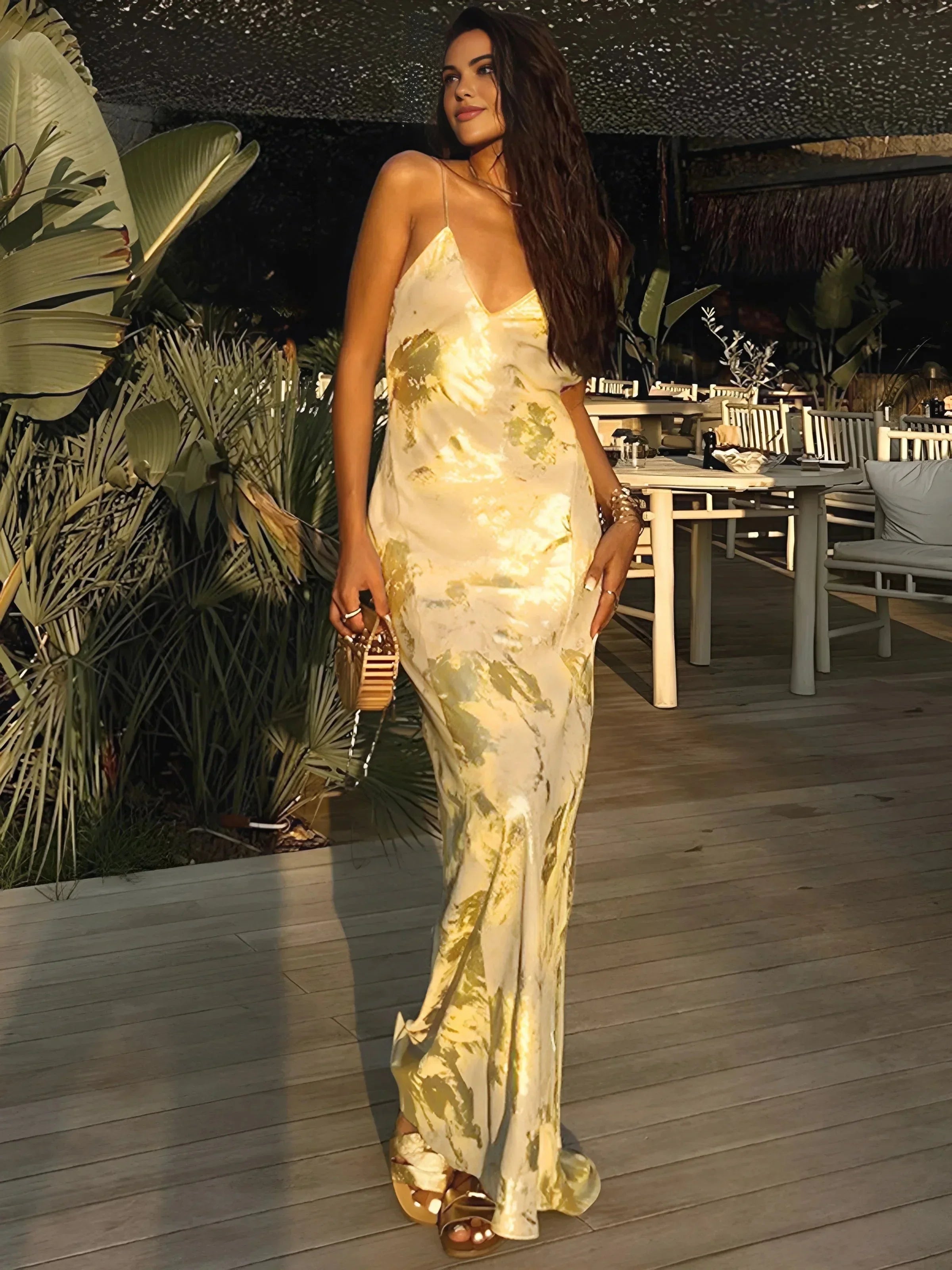 Gold satin maxi dress for women featuring foil details and adjustable straps for a stylish and comfortable fit.