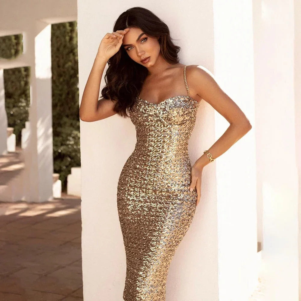 Women’s gold sequin midi dress featuring thin straps, fitted silhouette, and sparkling design perfect for evening events.