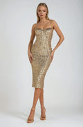 Women’s gold sequin fitted midi dress with thin straps, featuring a shimmering gold sequin design and sleek silhouette.