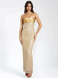 Gold strapless maxi dress for women, featuring embellished detailing and a flowing silhouette, ideal for formal occasions.