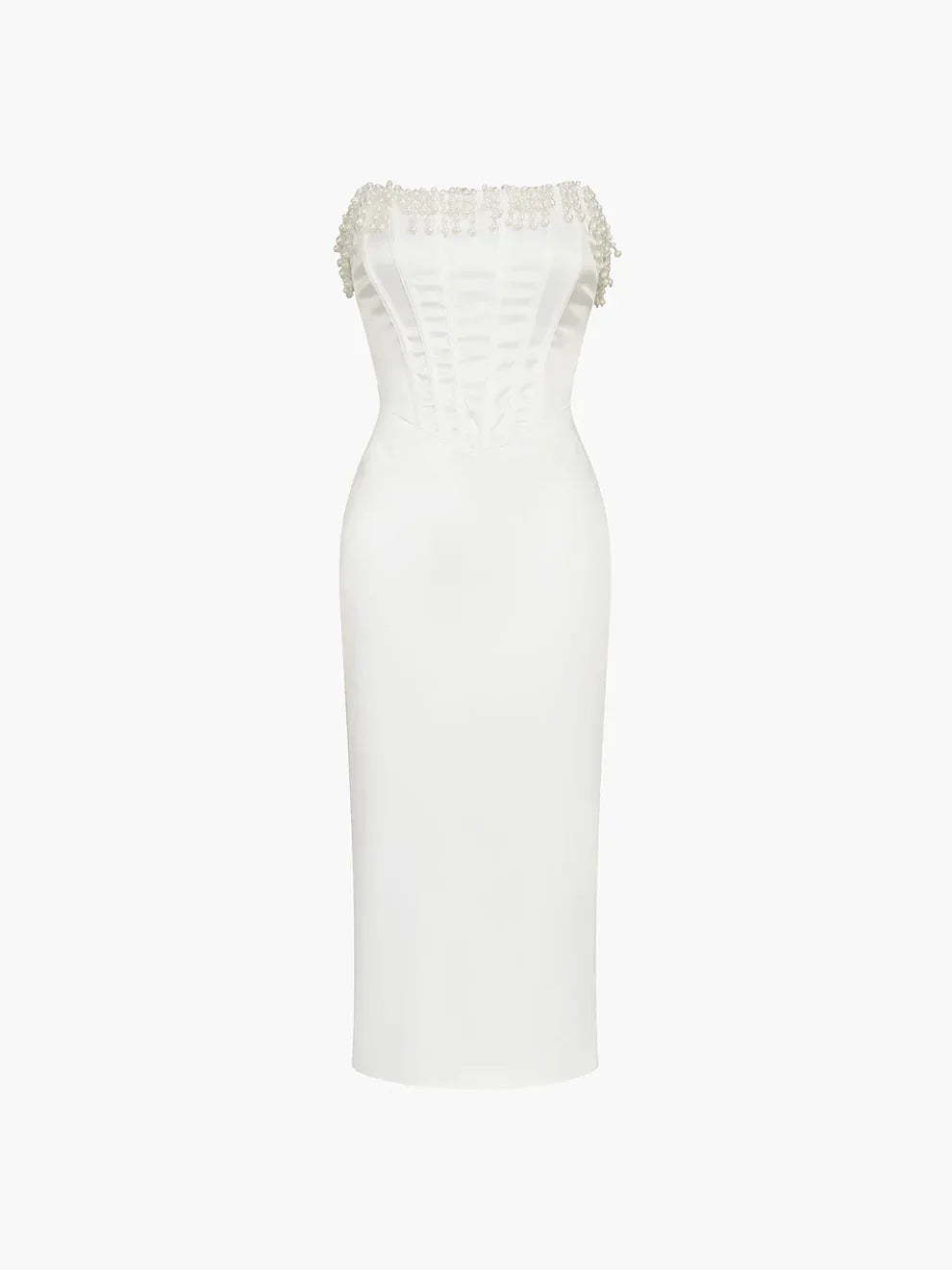 Women’s ivory strapless midi dress featuring a beaded corset design, crafted from soft fabric for a flattering silhouette.