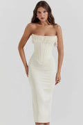 Ivory strapless midi dress with a beaded corset, crafted from soft fabric, perfect for formal occasions.