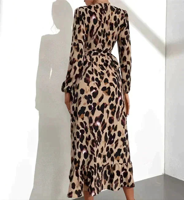 Women’s long-sleeve leopard print wrap maxi dress, featuring a tie waist and soft, lightweight fabric for comfort and style.