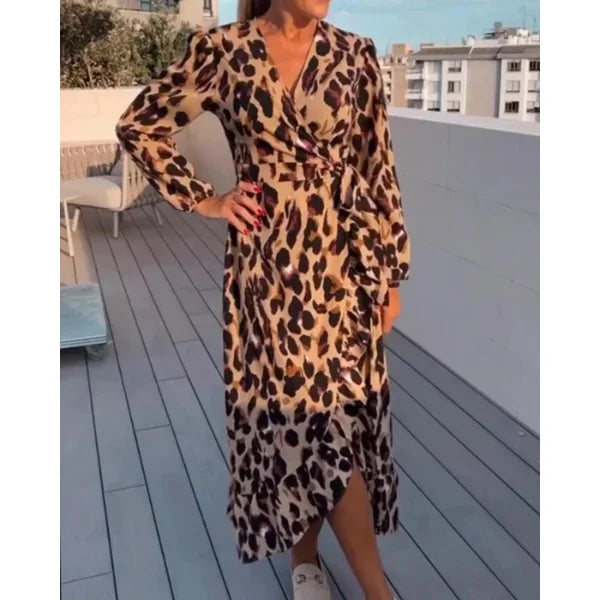 Brown women's long-sleeve leopard print wrap maxi dress with a tie waist, featuring a flowy silhouette and soft fabric.
