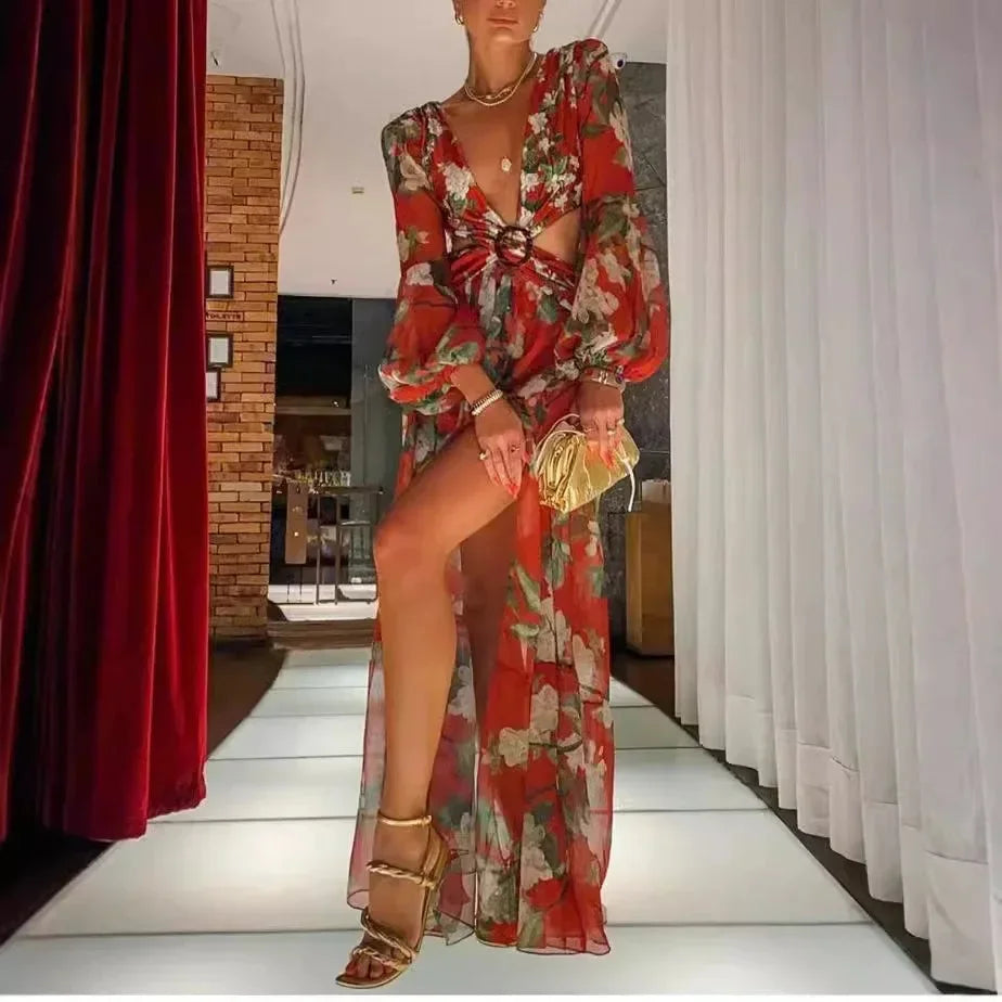 Red women's long-sleeved deep-v floral maxi dress featuring a side slit and lightweight fabric for comfortable wear.