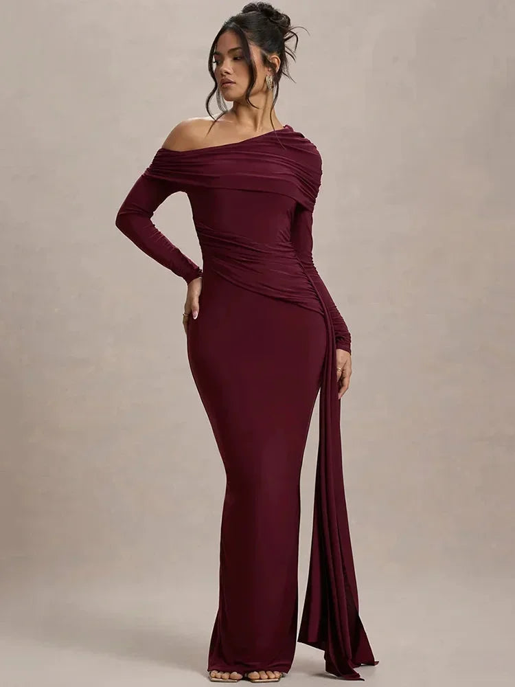 Off-shoulder draped maxi dress for women, featuring a lightweight, flowing design perfect for casual outings or summer…
