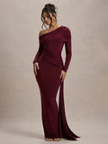 Burgundy off-shoulder draped maxi dress in lightweight fabric featuring a flowing silhouette and elegant design.