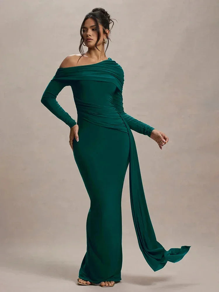 Women’s green off-shoulder draped maxi dress in flowy fabric featuring a relaxed silhouette and elegant cascading design.