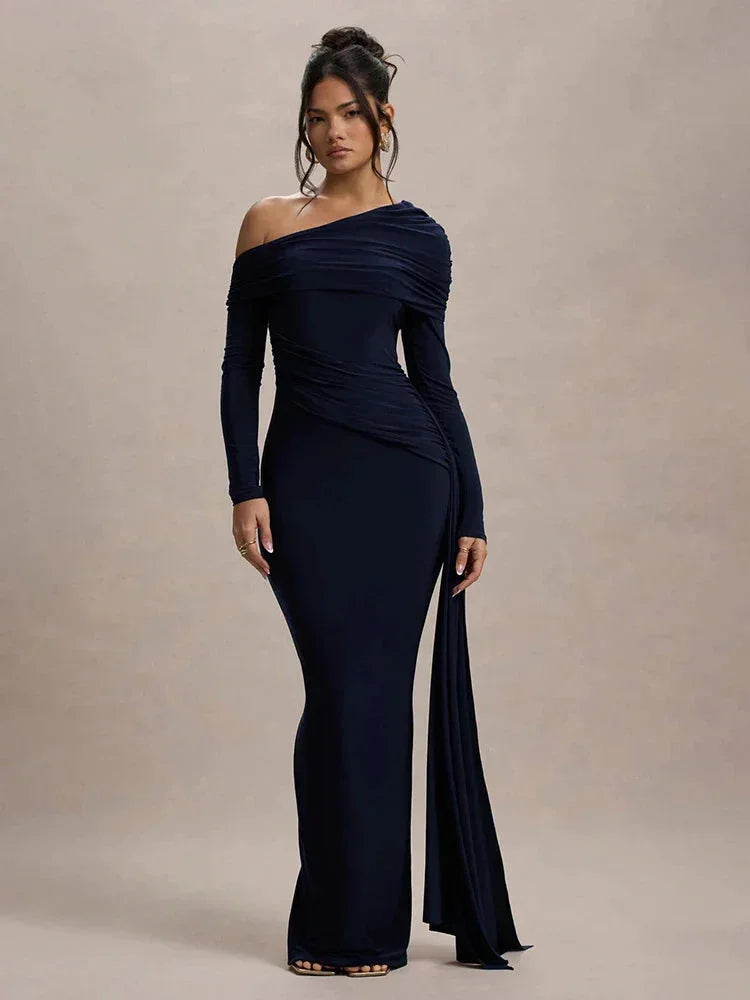 Navy blue off-shoulder draped maxi dress with a flowing design, made from soft, breathable fabric for comfort and elegance.