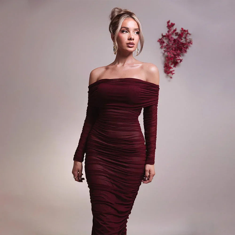 Off-shoulder fitted maxi dress for women, made of soft fabric with ruching details for a flattering silhouette.