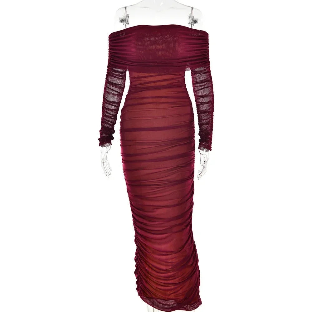 Burgundy off-shoulder fitted maxi dress featuring ruching details, crafted from soft, stretchy fabric for a flattering…