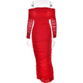 Red women's off-shoulder fitted maxi dress with ruching details, crafted from soft jersey fabric for a comfortable fit.