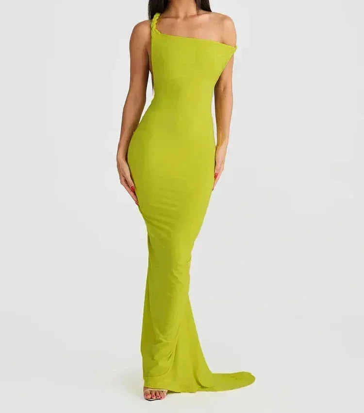 Women’s off shoulder maxi dress in soft fabric with ruching detail and a fitted backless design for an elegant silhouette.