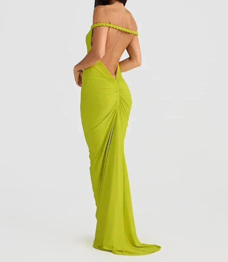 Women’s off-shoulder ruched fitted backless maxi dress in soft fabric, featuring a fitted silhouette and elegant long length.